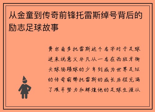 从金童到传奇前锋托雷斯绰号背后的励志足球故事 从金童到传奇前锋托雷斯绰号背后的励志足球故事