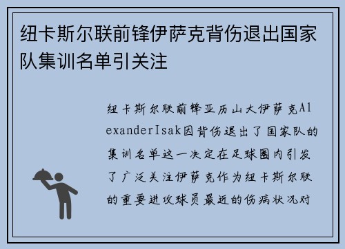 纽卡斯尔联前锋伊萨克背伤退出国家队集训名单引关注 纽卡斯尔联前锋伊萨克背伤退出国家队集训名单引关注